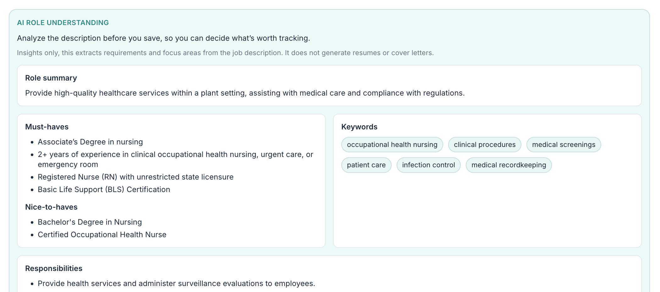 AI role understanding showing summary, must-haves, and keywords