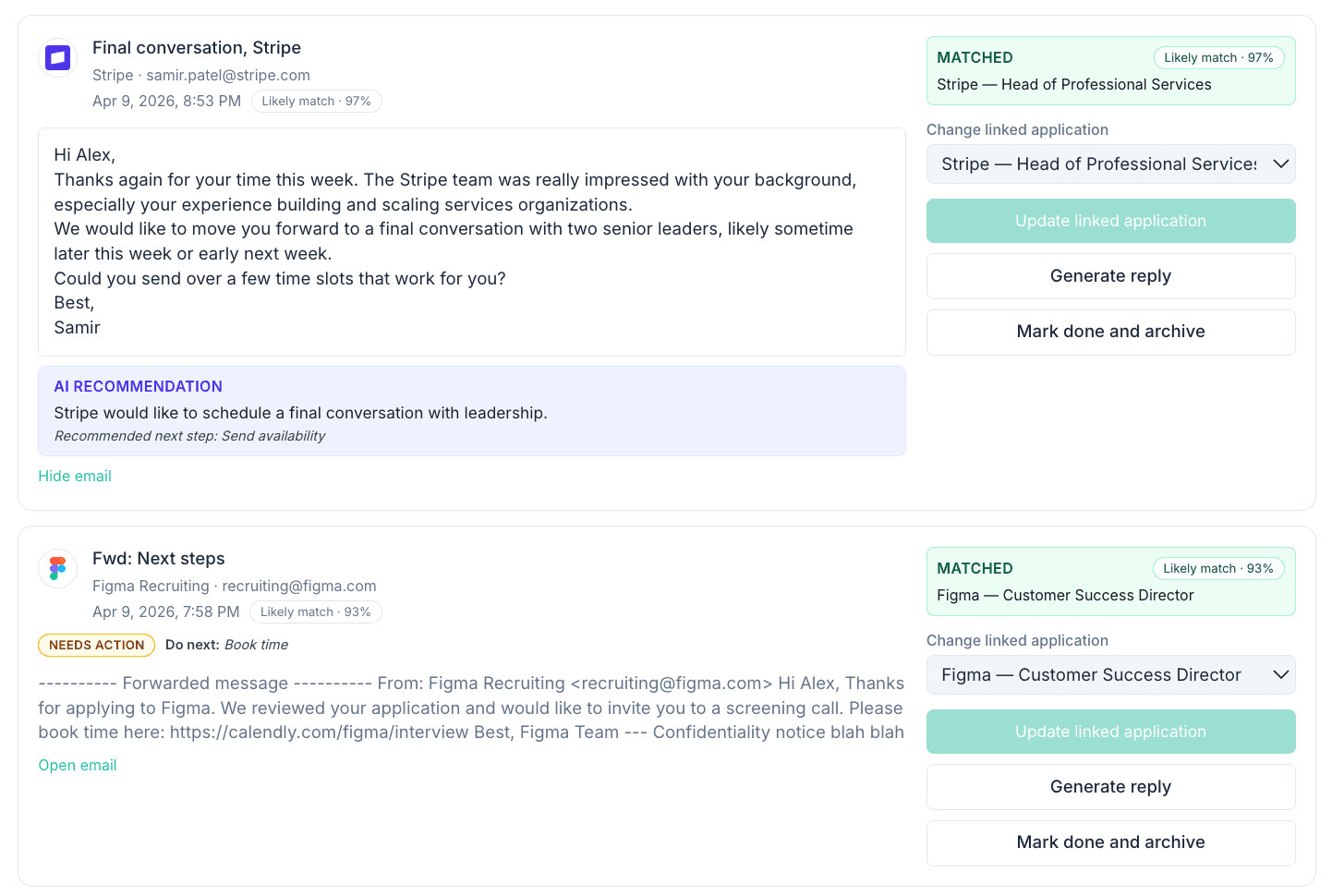 Forwarded recruiter emails automatically linked to the right application