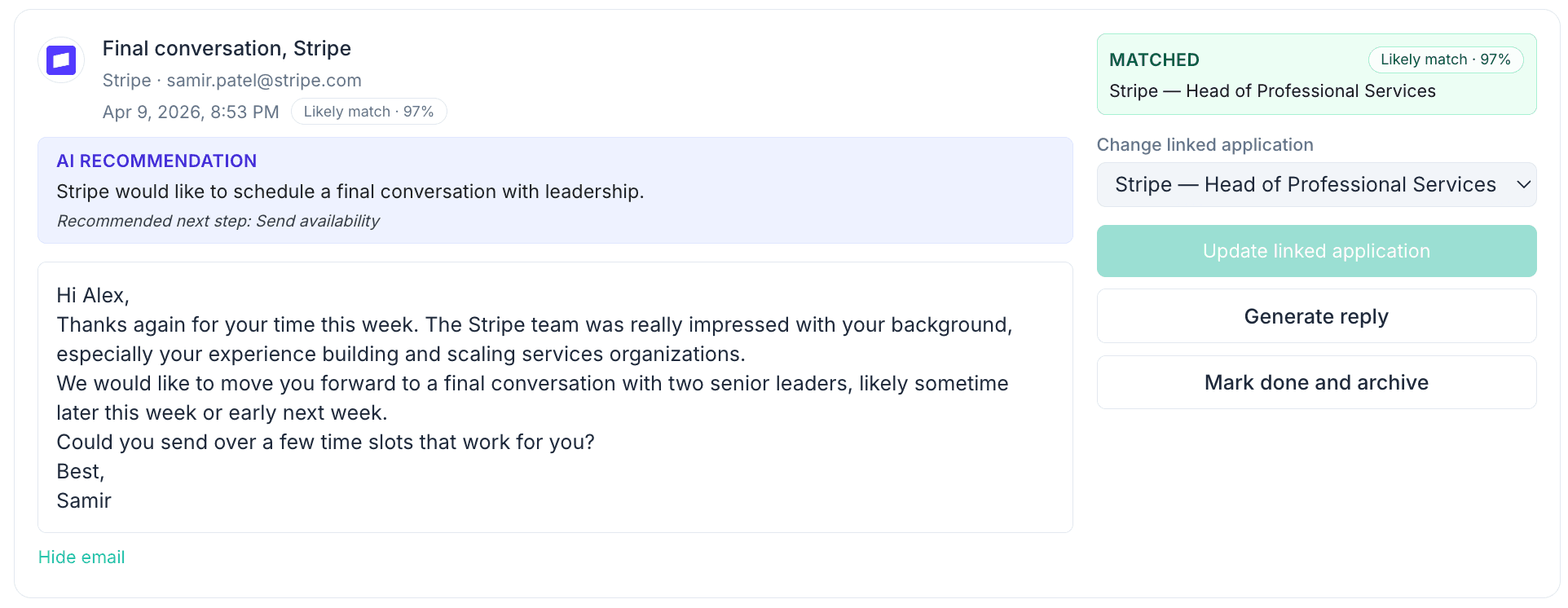 ApplyArc inbox view showing recruiter emails matched to the correct application
