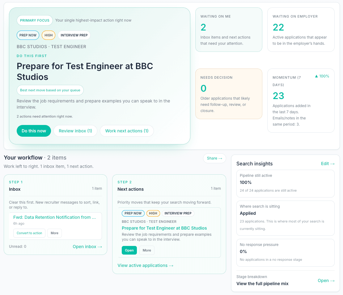 Timeline and next actions in ApplyArc showing updates per application