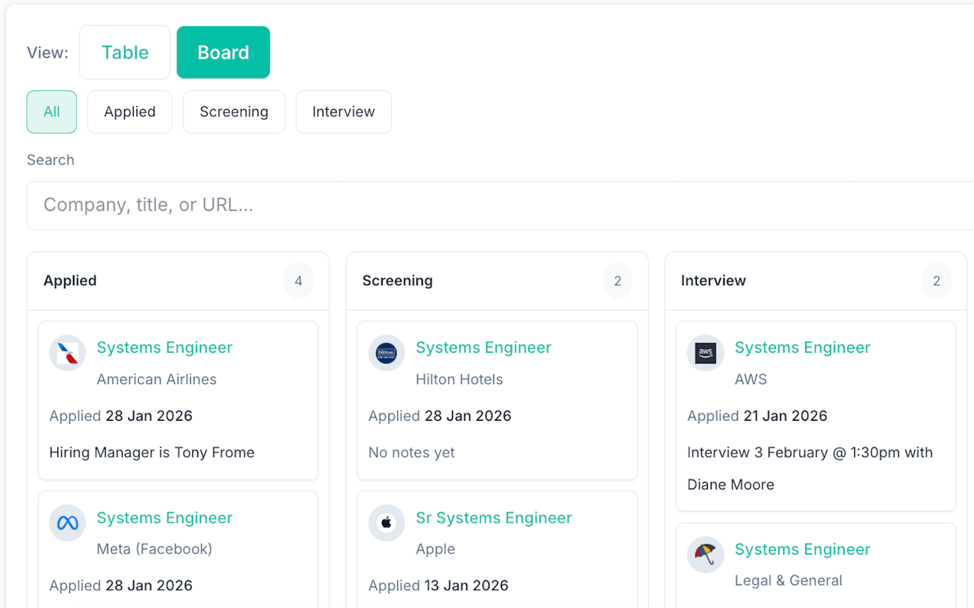 ApplyArc job search tracker board view showing applications moving through stages