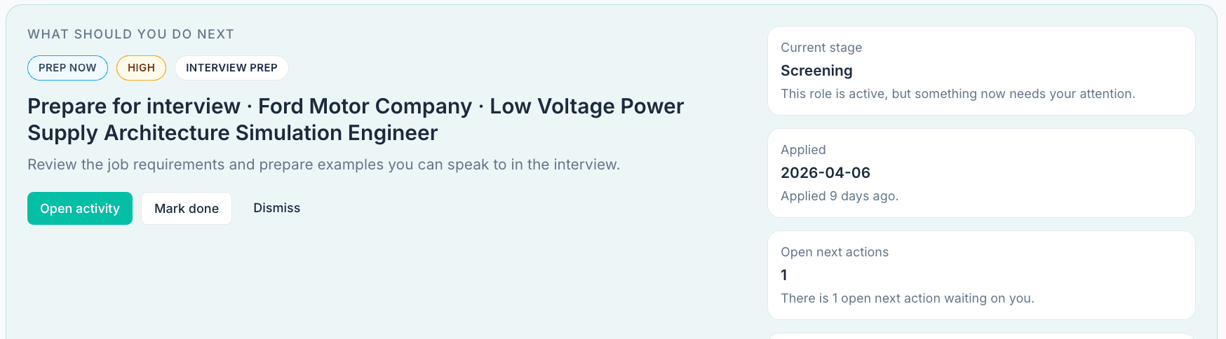 ApplyArc application detail view showing next step, stage, activity, and preparation prompt