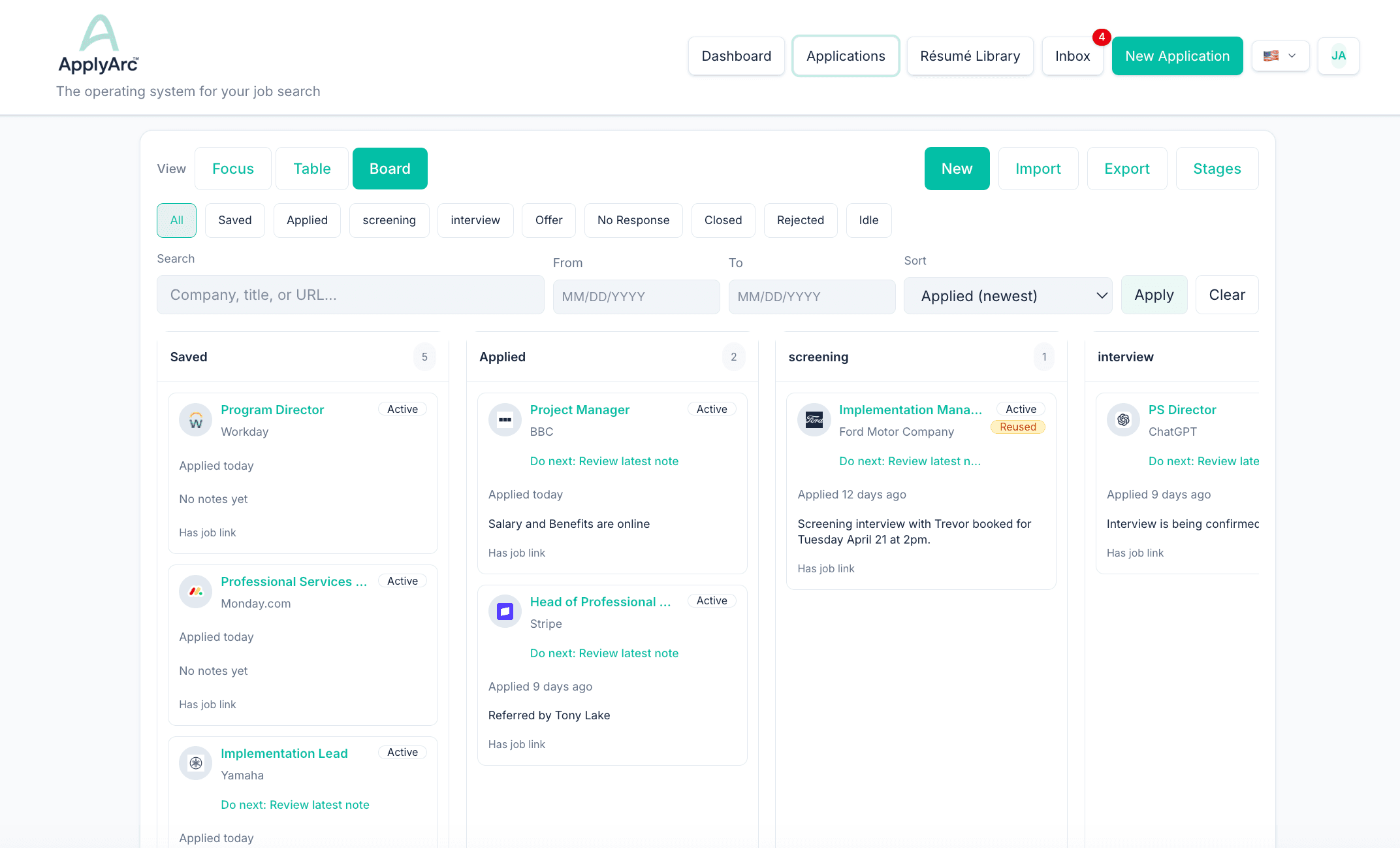 ApplyArc applications board view showing stages, active roles, and job search workflow