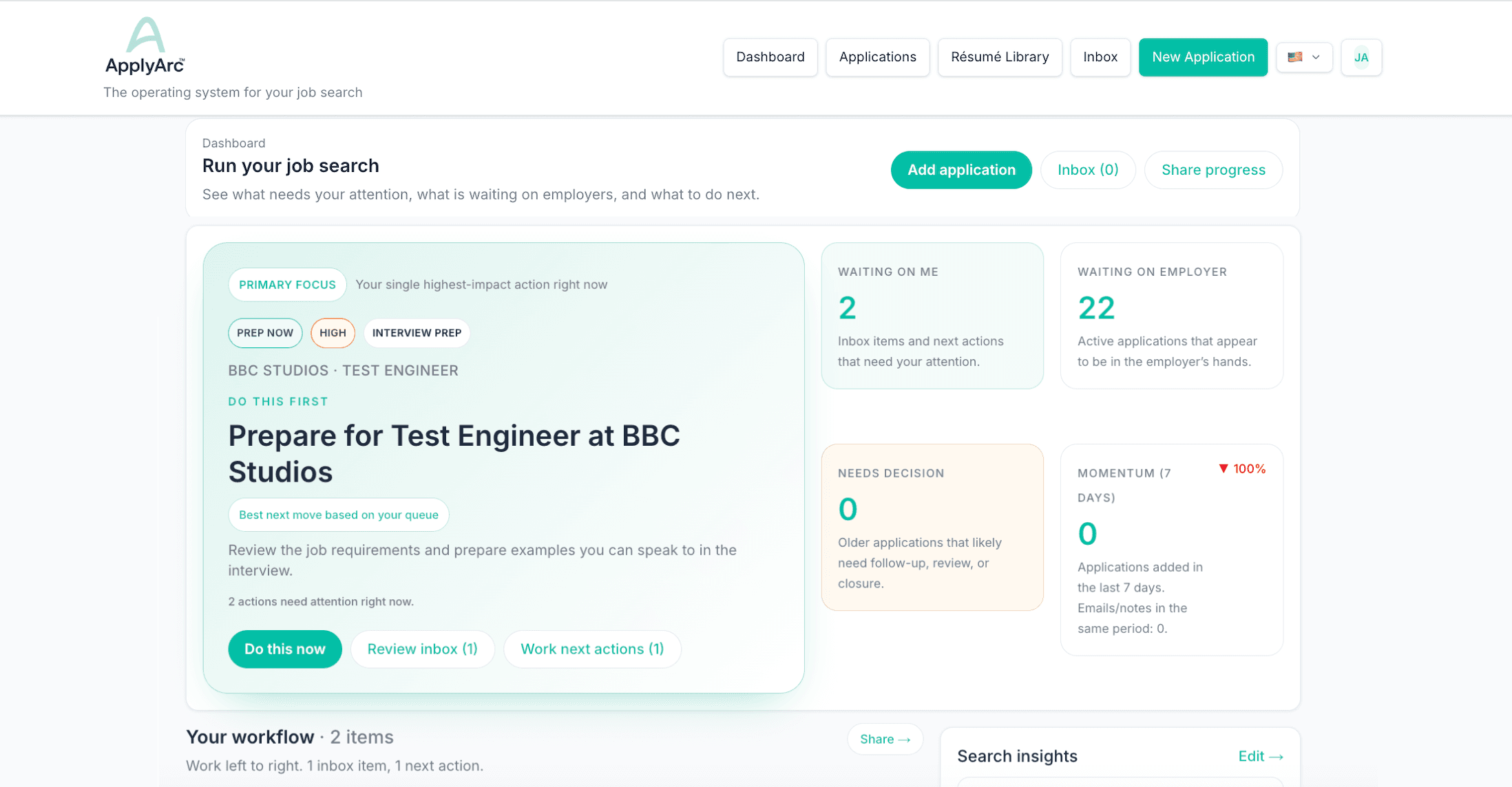 ApplyArc dashboard showing job search workflow, focus areas, inbox, and progress