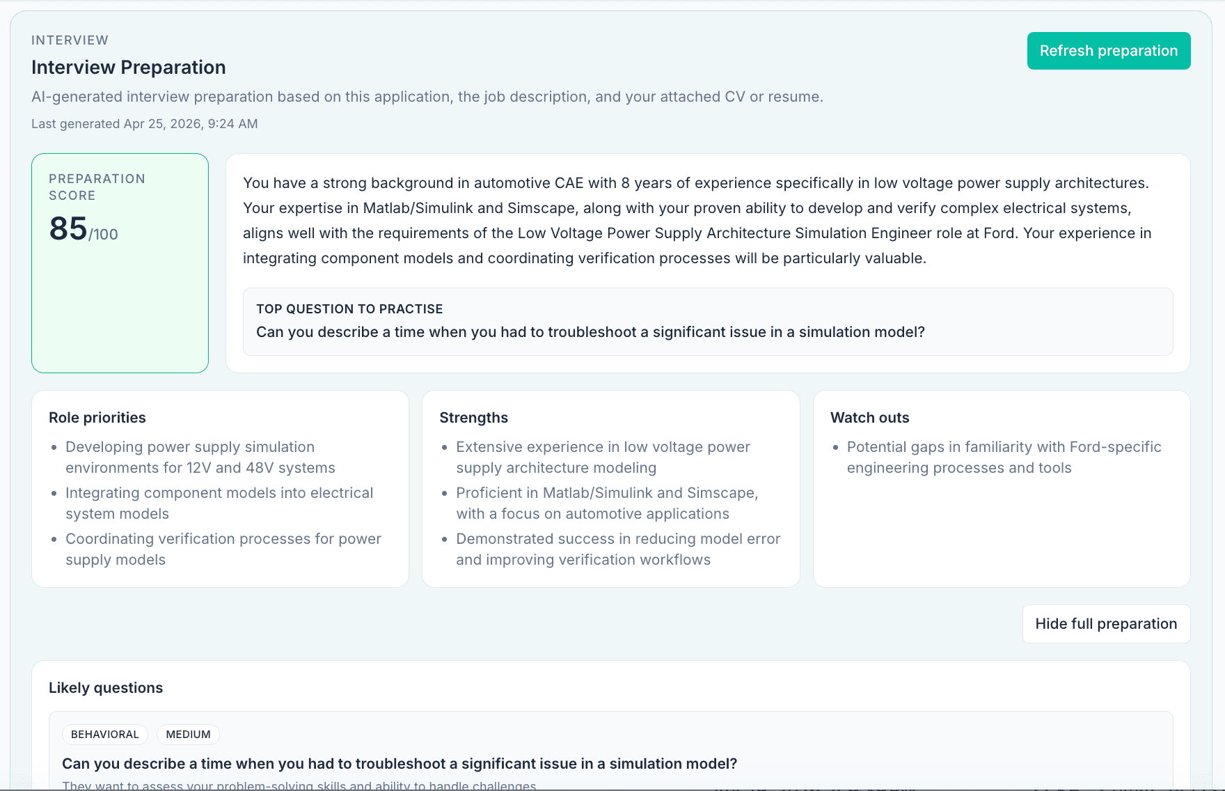 ApplyArc interview prep showing likely questions, talking points, risks, and questions to ask