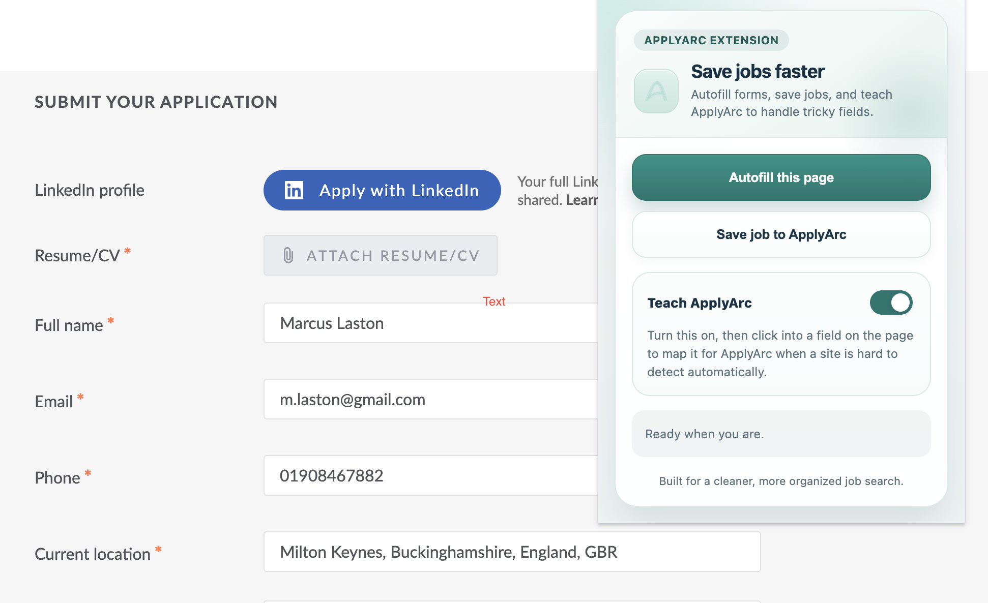 ApplyArc autofilling a job application form
