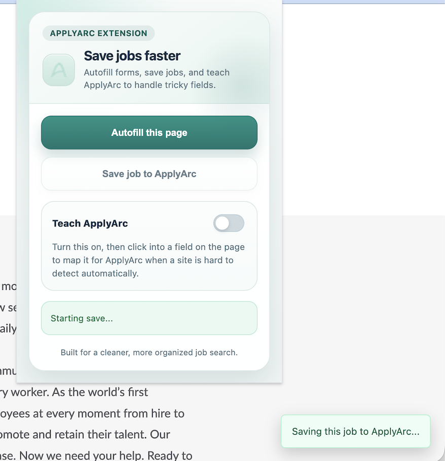 ApplyArc Chrome extension saving a job in one click